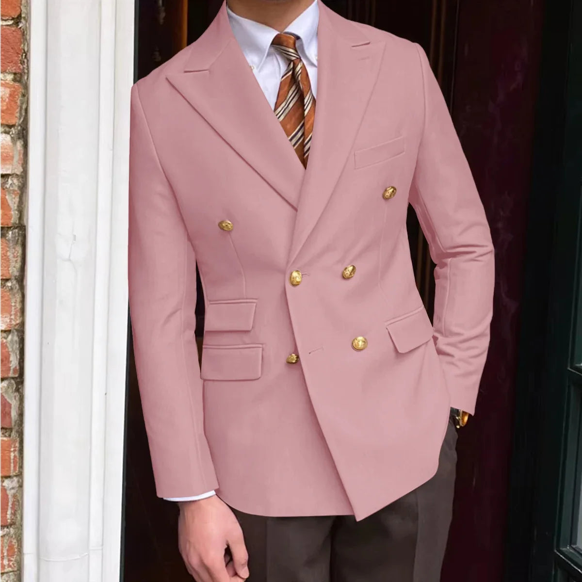 Men's Brown Serge Blazer Double Breasted Peak Lapel Gold Button Slim Fit British Style Fashion Suit Jacket Formal Business Casua