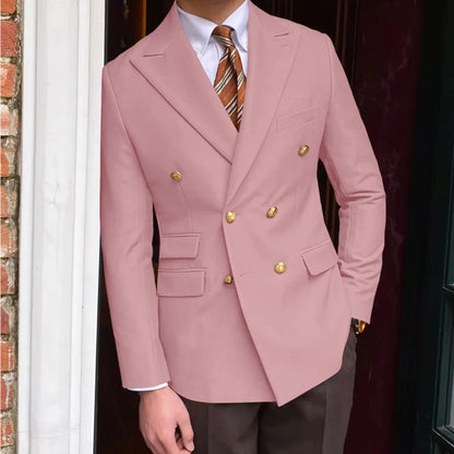 Men's Brown Serge Blazer Double Breasted Peak Lapel Gold Button Slim Fit British Style Fashion Suit Jacket Formal Business Casua
