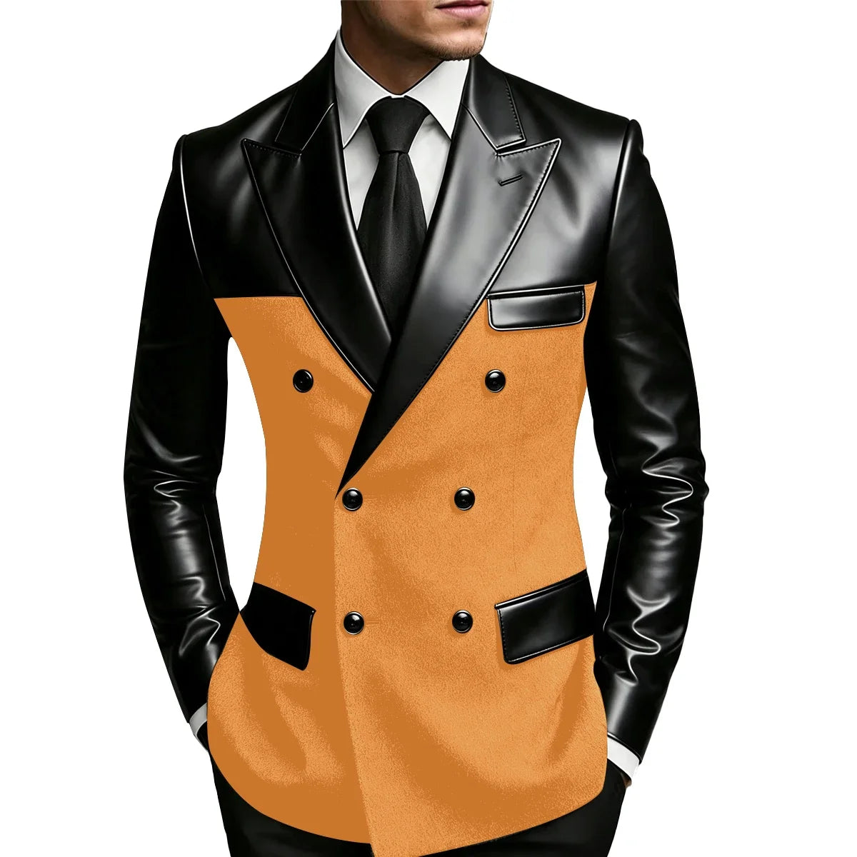 Men's Double Breasted Suit Blazer with Leather Patchwork for Weddings and Formal Events