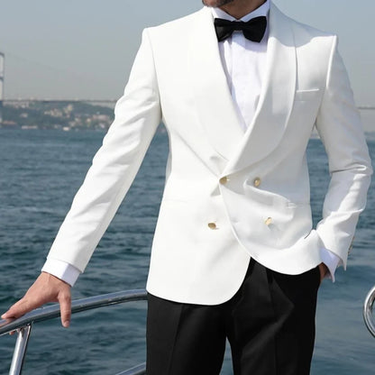 Men Suit 2 Pieces White Black With Lapel Gold Double Button For Wedding Business Banquet Party Office Daily Work Jacket Pants