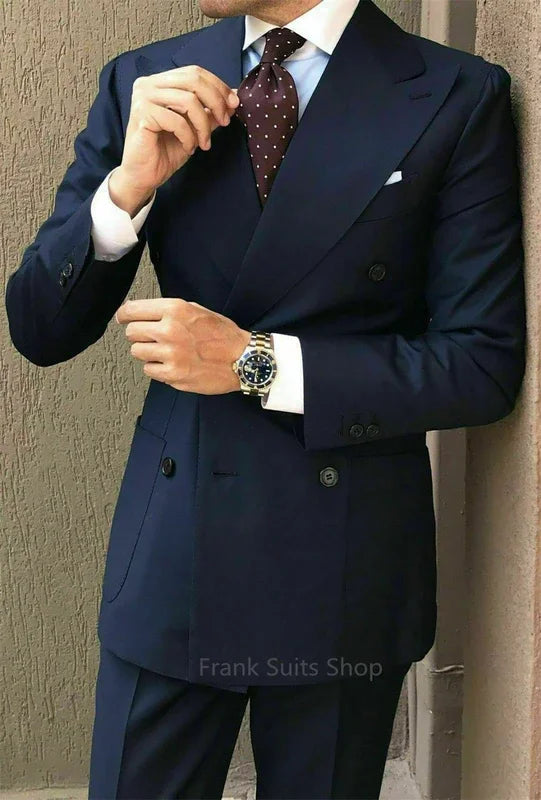 Classic Formal Men's Business Tuxedo 2 Pieces Blazer Pants Classy Blue Suit Set For Men Wedding Party Guest Outfit