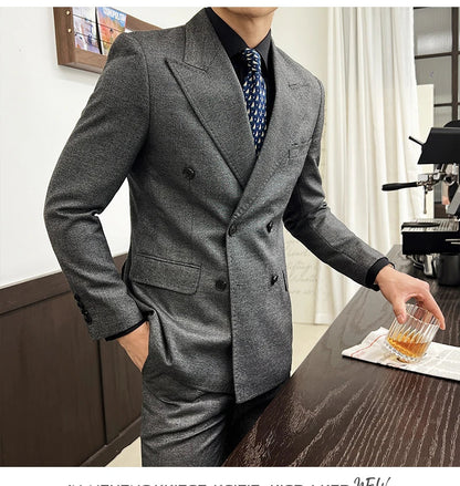 Men Vintage Luxury Double Breasted Slim Fit Lapel Evening Gown ltalian Style Fashion High-end Groom Wedding Party Tuxedo 2 Piece