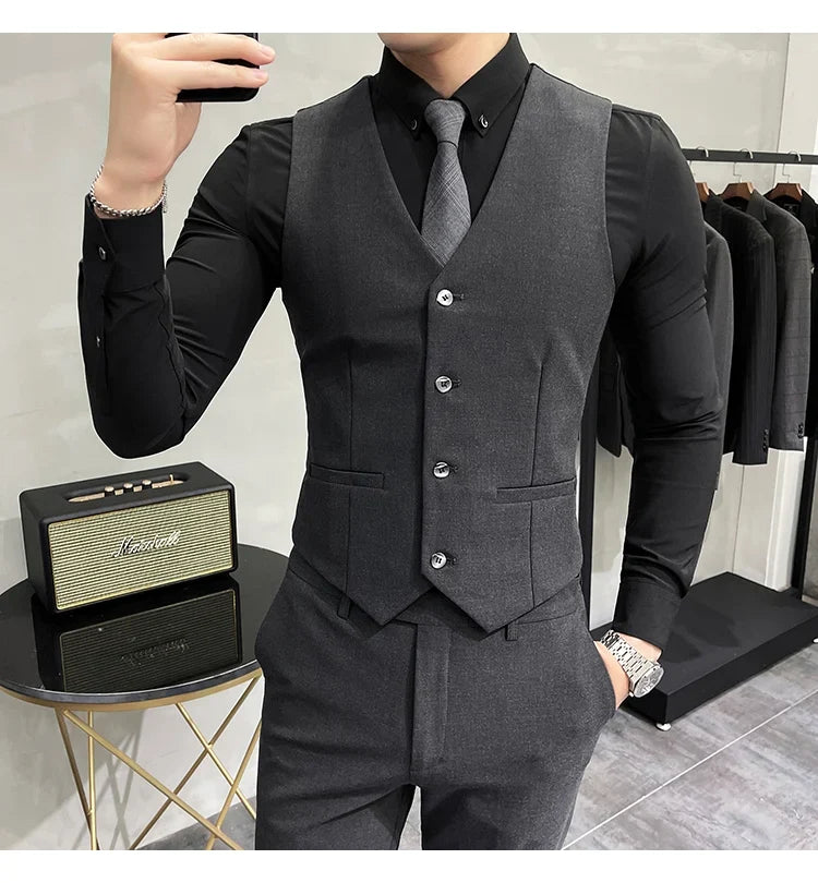 (Jacket +Vest+Pants) Plus Size 7XL-S Men Korean Slim Fit Groom Wedding Business Casual Tuxedo Mens Work Social Suit 3 Pieces