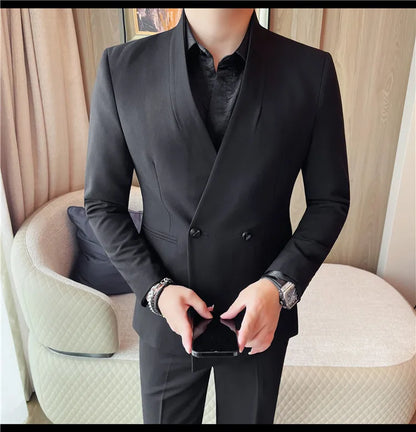 Autumn Winter Collarless Gentleman's Suit Jacket Men's Dinner Party Formal Dress Coats Blazers Wedding Business Suit Jackets