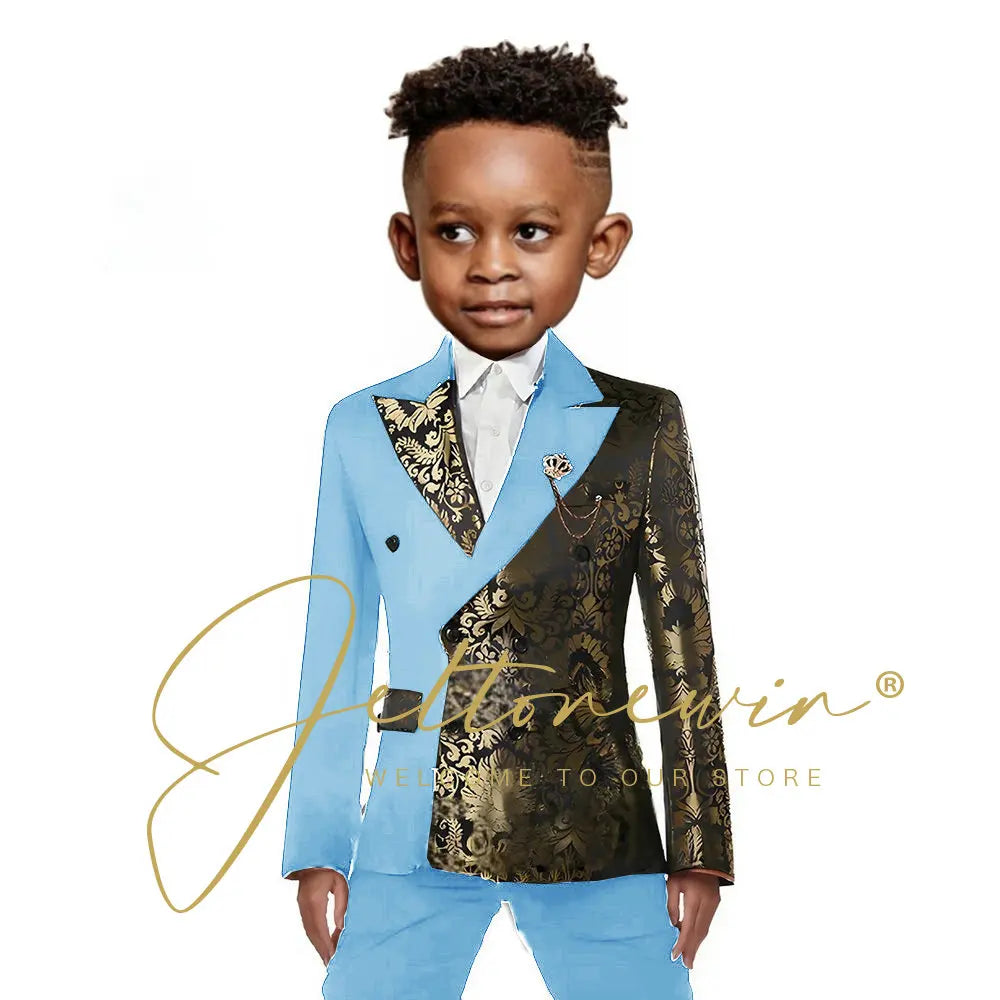 Black And Gold Floral Wedding Boys Suit Double Breasted Formal Kids Blazer Set Party Dress Child Tuxedo Jacket Pants 2 Piece Set