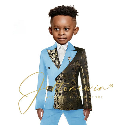 Black And Gold Floral Wedding Boys Suit Double Breasted Formal Kids Blazer Set Party Dress Child Tuxedo Jacket Pants 2 Piece Set