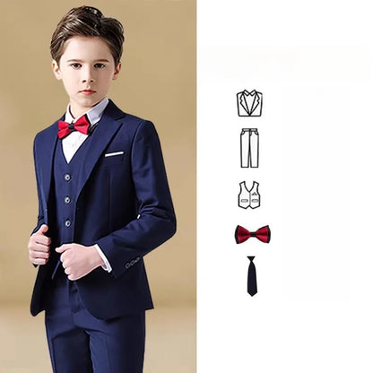 Boys Jacket Vest Pants Bowtie Tie 5Piece Wedding Birthday Party Photography Suit Set Kids Piano Ceremony Performance Costume