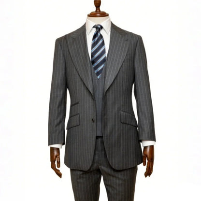 Mens Grey Pinstripe 3 Piece Suit Single Breasted Wide Peak Lapel Vest And Pants Formal Business Wedding Guest Customized