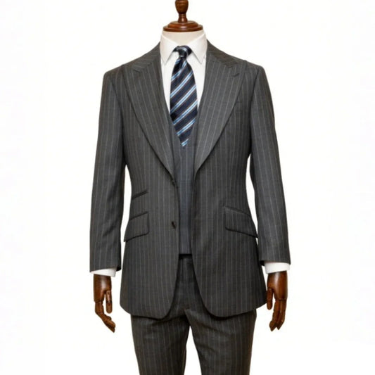 Mens Grey Pinstripe 3 Piece Suit Single Breasted Wide Peak Lapel Vest And Pants Formal Business Wedding Guest Customized