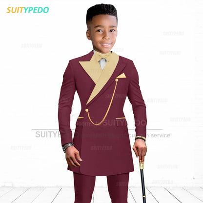 Brief Kids Suit Set  Formal Evening Prom Boys Stylish Gold Lapel Blazer And Pants Two Pieces Children Baptism Formal Costumes