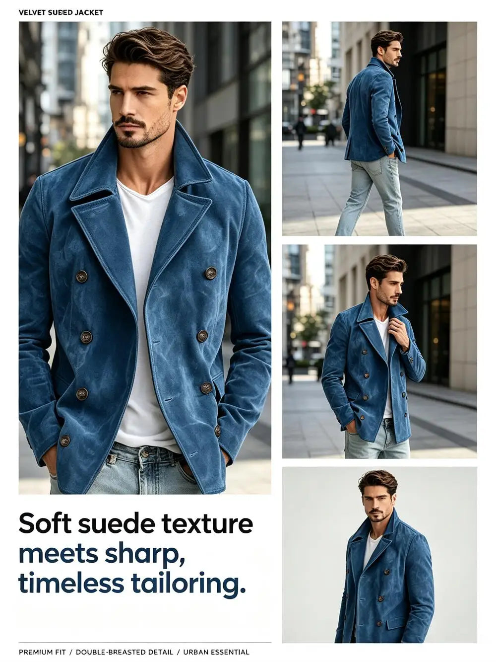 Men Faux Suede Jacket Double Breasted Lapel Collar Casual Blazer Vintage Comfort Business Office Autumn Winter Fashion Male Coat