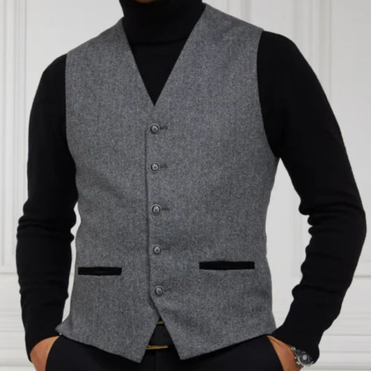 Men's Vest Herringbone Gray with Black Pocket V-Neck Waistcoat for Wedding & Formal Occasions