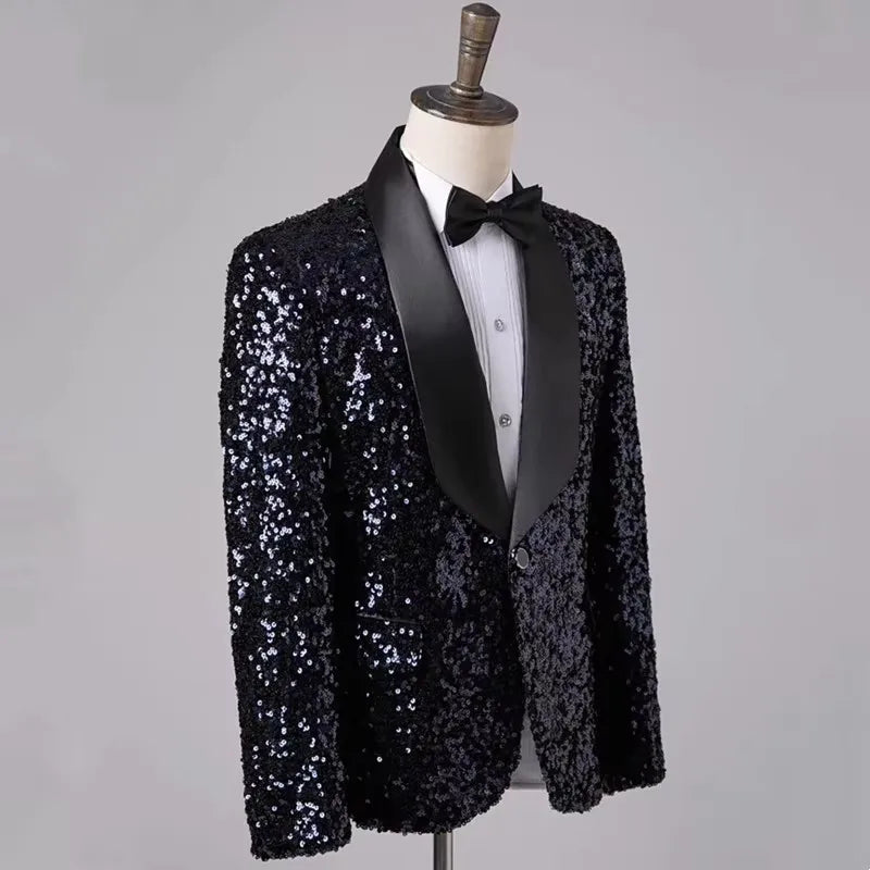 Men's Fashion Slim Fit Sequin Suit Jacket Shawl Formal Lapel Tuxedo Wedding Banquet Host Singer Nightclub Bar Stage Performance