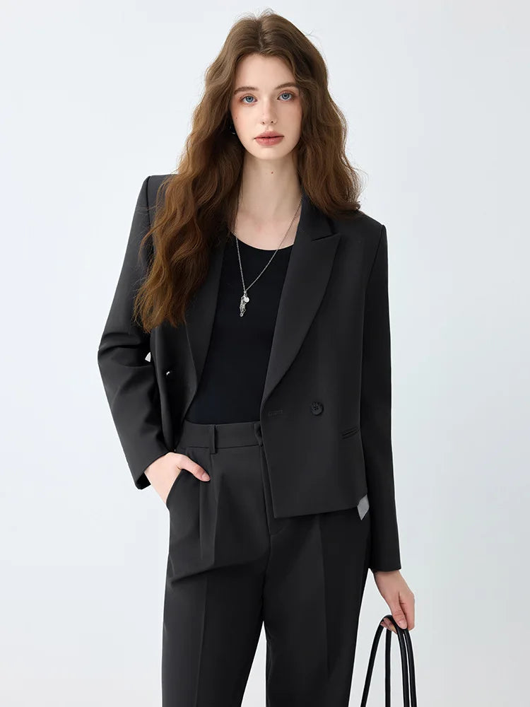 Solid Suits for Women 2025 Spring Fashion Office Ladies Long Sleeve Double Breasted Short Tops Chic Cargo Pant Suits