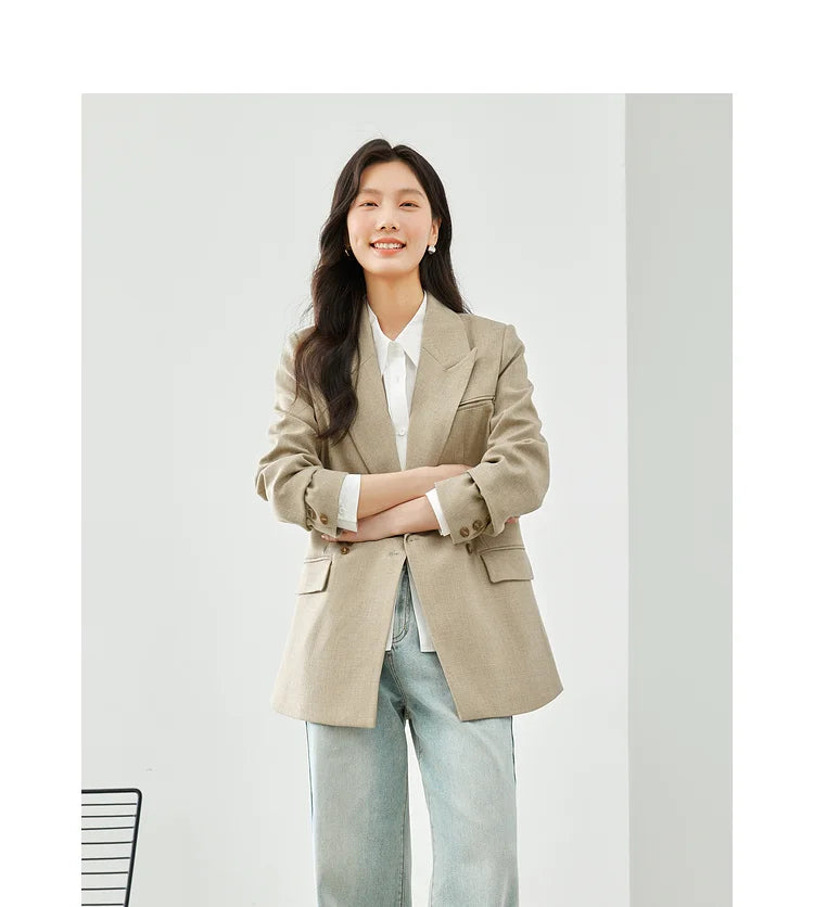VIMLY Khaki Tailored Coat For Office Ladies 2026 Spring Notched Double Breasted Women Jacket Casual Business Outerwear M5180
