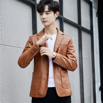 Men's Faux Leather Blazer Jacket Autumn Winter Warm Fleece Lined Casual Versatile Outerwear