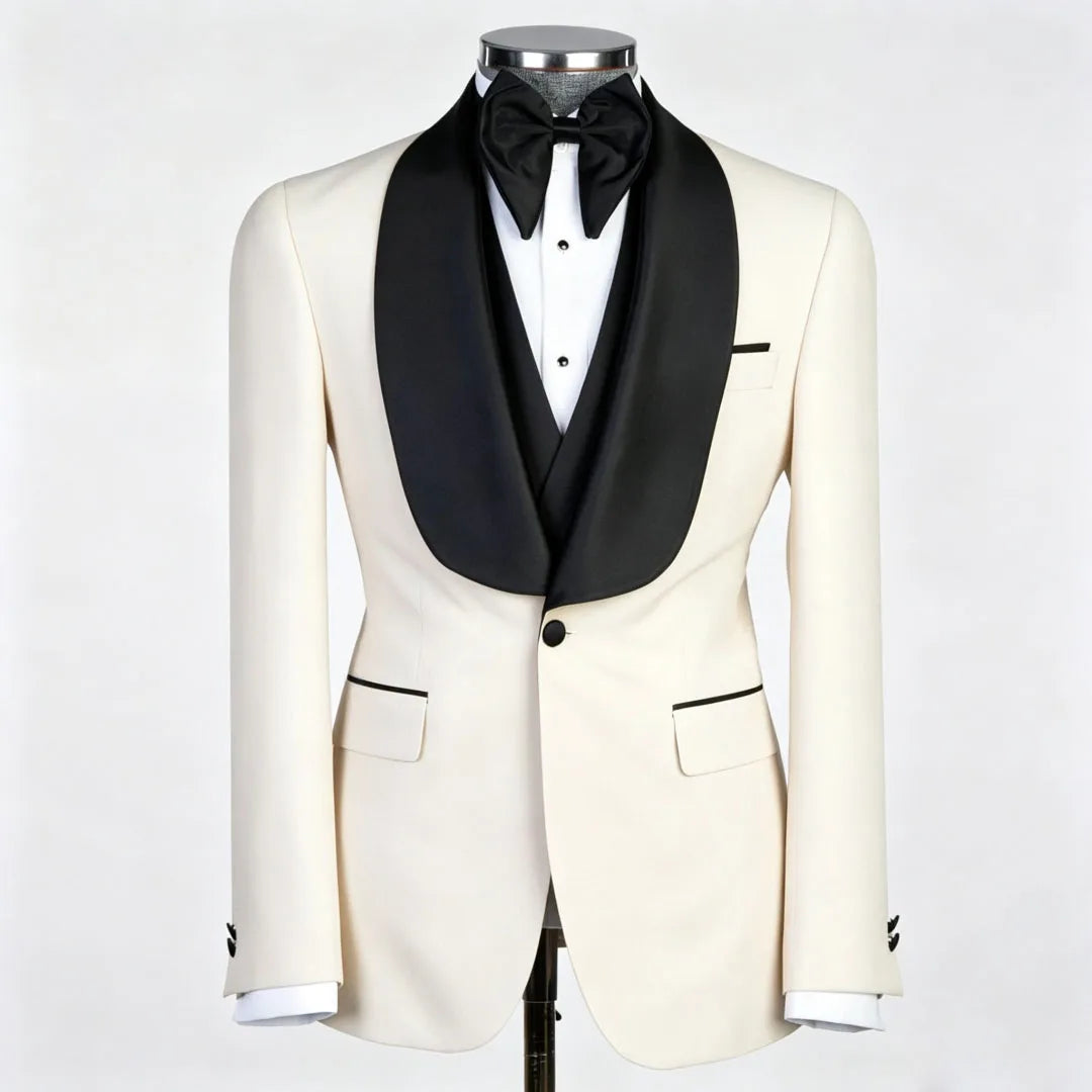 Men Suit Champagne 3 Piece With Black Lapel For Wedding Groom Banquet Party Birthday Prom Business Work Office Jacket Vest Pants