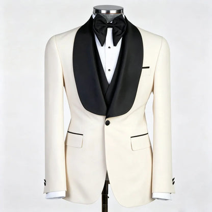 Men Suit Champagne 3 Piece With Black Lapel For Wedding Groom Banquet Party Birthday Prom Business Work Office Jacket Vest Pants