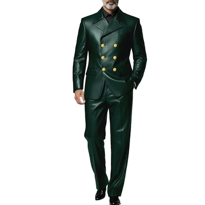 Men's Leather 2 Piece Suit Retro Double Breasted Peak Lapel Slim Fit Blazer Straight Leg Pants Formal Set Business Casual Weddin