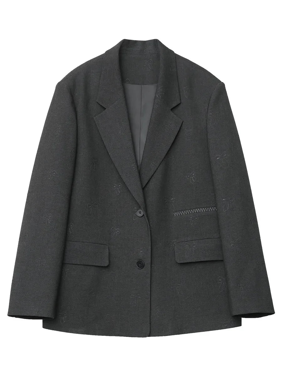 Fashion Women Blazers Loose Casual Design Bow Embossed Office Ladies Suit Jacket Gray Spring Autumn 2026 Female Coat