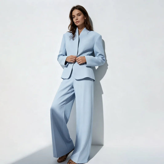 2026 Women Stand Collar Suit Set, Single Button Fitted Blazer & Wide Leg Pants Formal 2 Piece Outfit