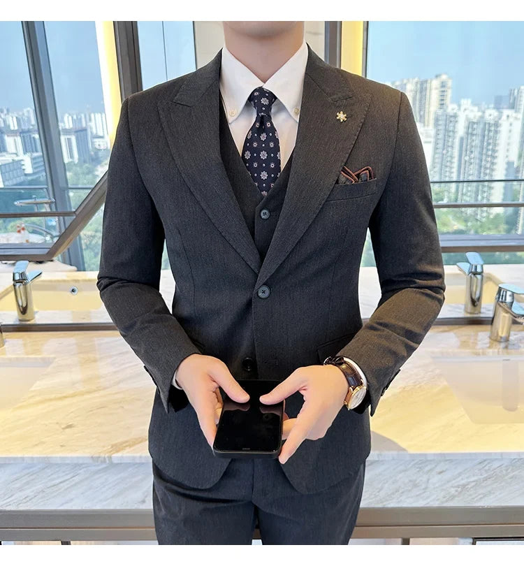 (Blazer + Vest + Trousers) 2024 New Men Formal Business Solid Suit 3 Pieces Set Italian Style Luxury Wedding Social Party Tuxedo