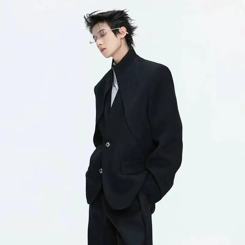 2026 Spring Patchwork Design Cross Collar Solid Color Casual Jacket Men Fashion Elegant Temperament Straight Pants JY6553