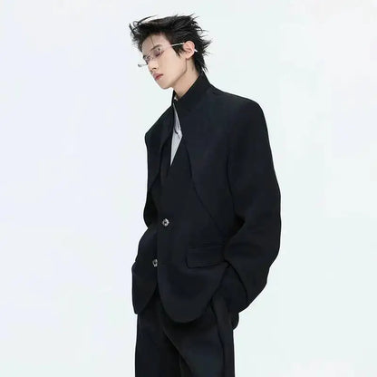 2026 Spring Patchwork Design Cross Collar Solid Color Casual Jacket Men Fashion Elegant Temperament Straight Pants JY6553