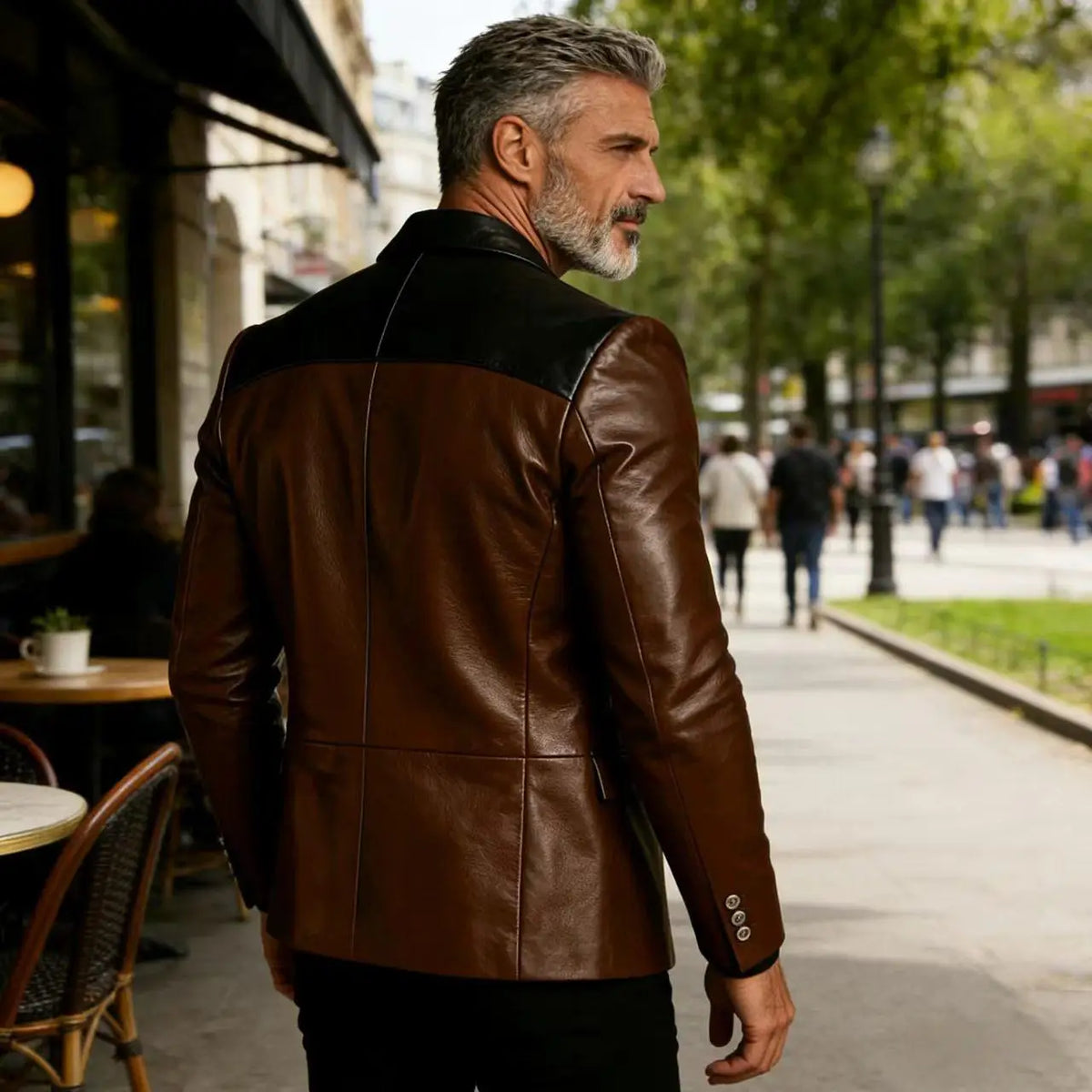 Men's PU Leather Blazer Patchwork Double Breasted Flap Pockets Notched Lapel Slim Fit Business Casual Suit Jacket Male Outerwear