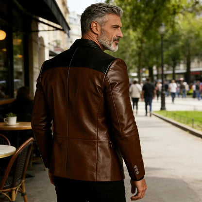 Men's PU Leather Blazer Patchwork Double Breasted Flap Pockets Notched Lapel Slim Fit Business Casual Suit Jacket Male Outerwear