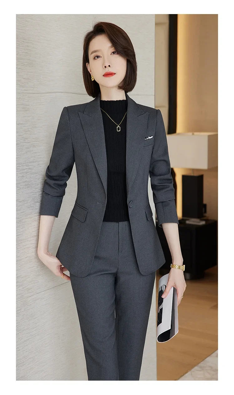 Ladies Blazer And Pant Suit Formal Army Green Khaki Gray Black Solid Women Jacket Trouser Female Business Work Wear 2 Piece Set