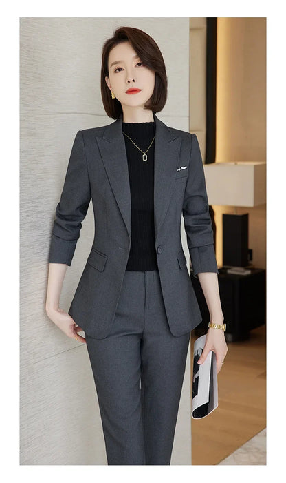 Ladies Blazer And Pant Suit Formal Army Green Khaki Gray Black Solid Women Jacket Trouser Female Business Work Wear 2 Piece Set