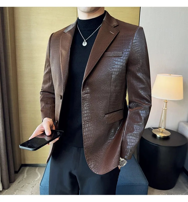 2026 Crocodile Patterned Leather Suit Jacket Men Slim Fit Business Casual Leather Jacket Wedding Groom Party Work Men Blazers