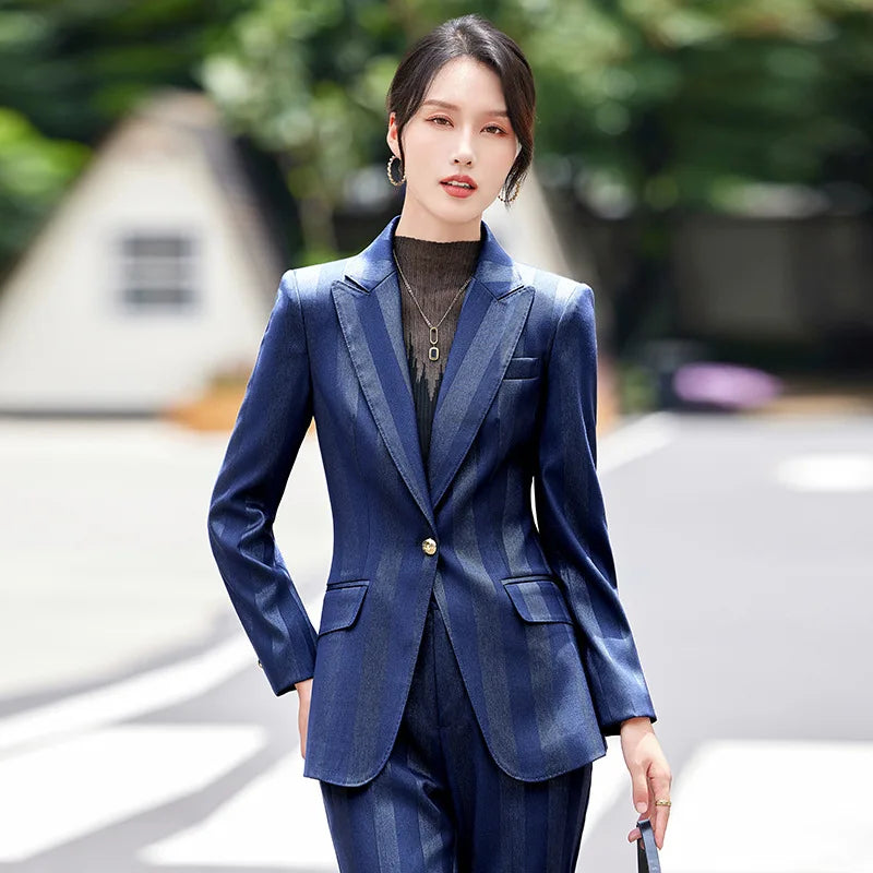Women Blazer Pants Sets Yellow Two Pieces 2024 Autumn Workwear Trousers Formal Striped Navy Blue Long Sleeve Tops Pantsuit