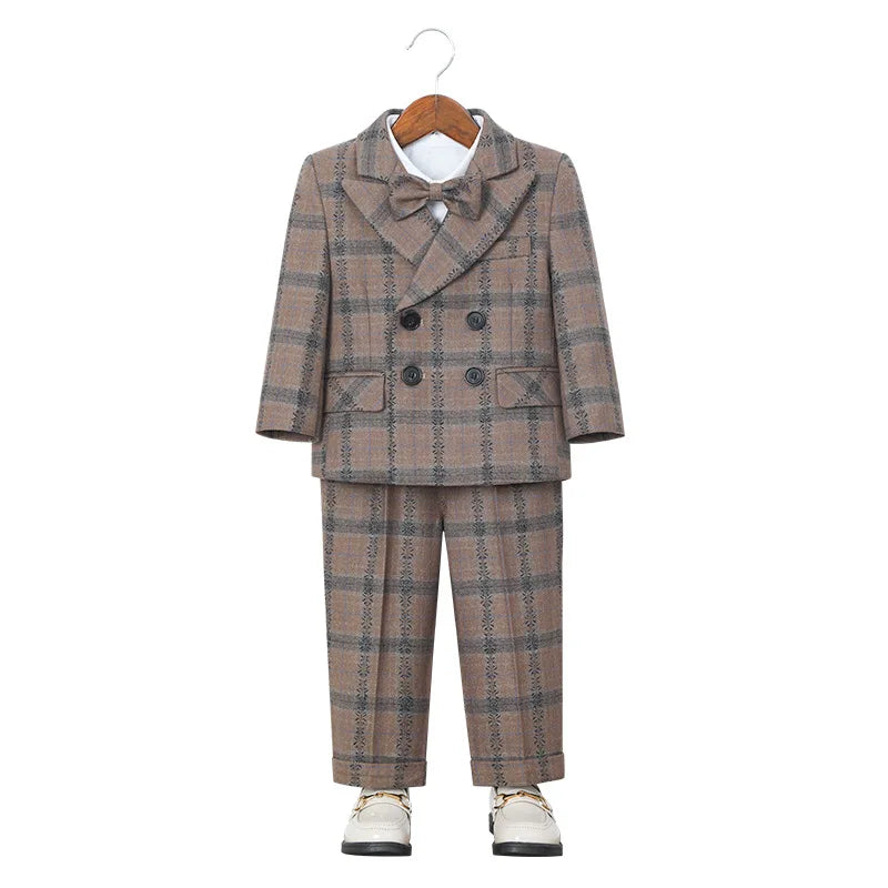 Boys 4Pieces Brown Plaid Wedding Outfit With Jacket Vest Pants Bowtie Kids Formal Wear for Piano Host Speech Performance