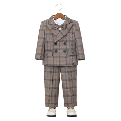 Boys 4Pieces Brown Plaid Wedding Outfit With Jacket Vest Pants Bowtie Kids Formal Wear for Piano Host Speech Performance