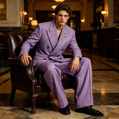 Men's Thin 2 Piece Suit Double Breasted Peak Lapel Blazer Wide Straight Leg Pants Summer Formal Set For Wedding Party