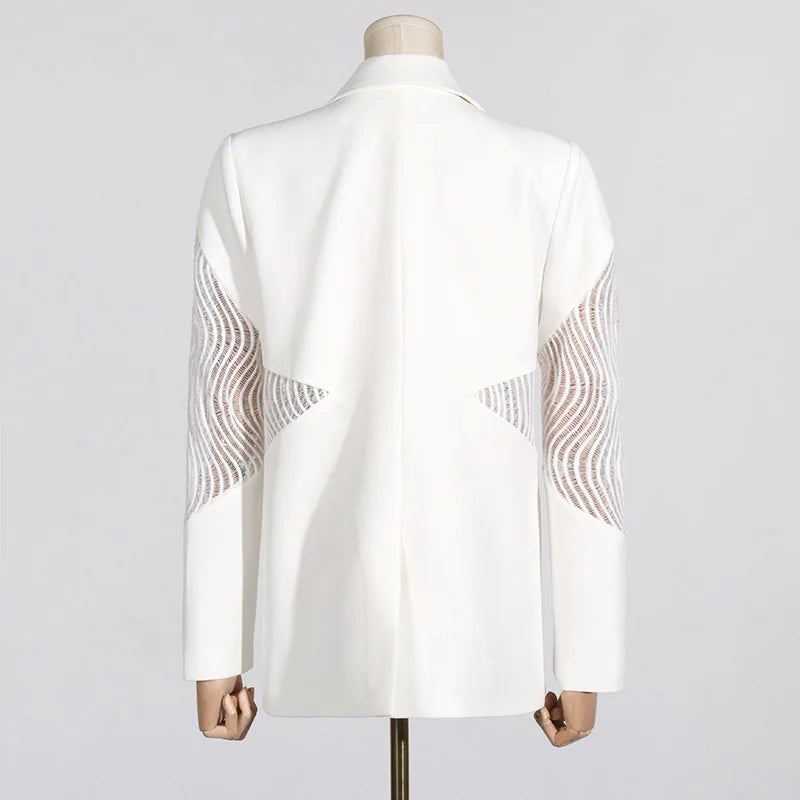 Spring Autumn New Women Blazer Hollow Out Sheer Lace Patchwork Single Breasted Long Sleeves Trend Elegant Sexy Coat HK18271