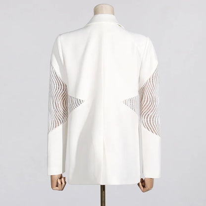 Spring Autumn New Women Blazer Hollow Out Sheer Lace Patchwork Single Breasted Long Sleeves Trend Elegant Sexy Coat HK18271