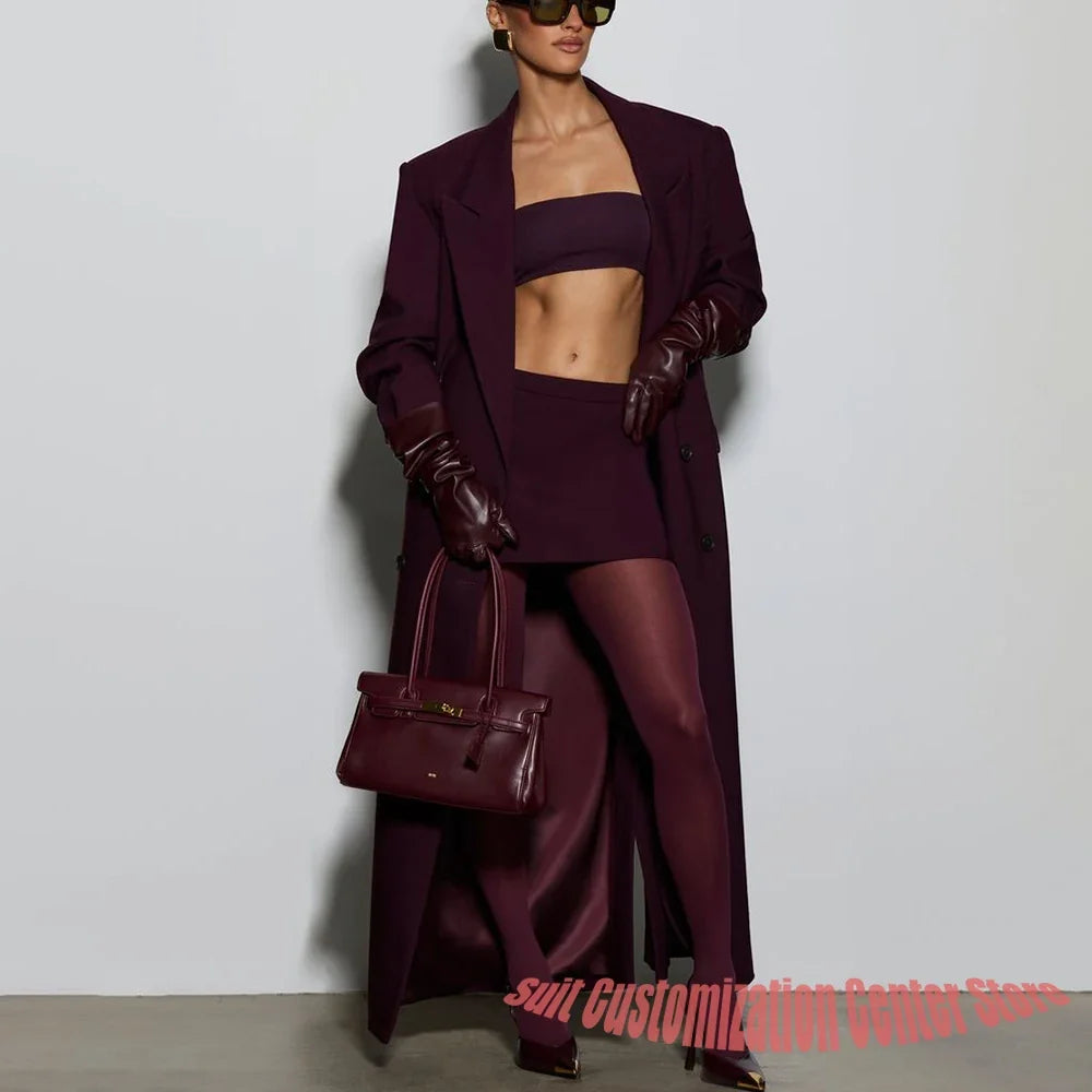 Burgundy Oversized Women's Long Jacket+Mini Skirt Suit Set Double Breasted Peaked Lapel Trench Coat Chic Evening Party Clothes