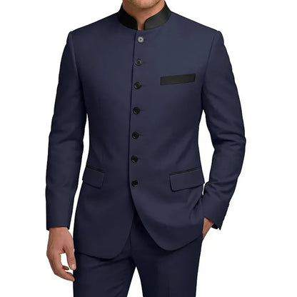 Men's 2-Piece Serge Suit Mandarin Collar Slim Fit Formal Set for Weddings and Business