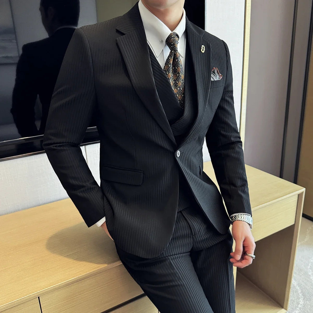 (Jackets+Pants+Vest) Luxury Stripe Men Suit Korean Version Fashion Elegant Slim Fit Tuxedo Formal Groom Wedding Social Suits