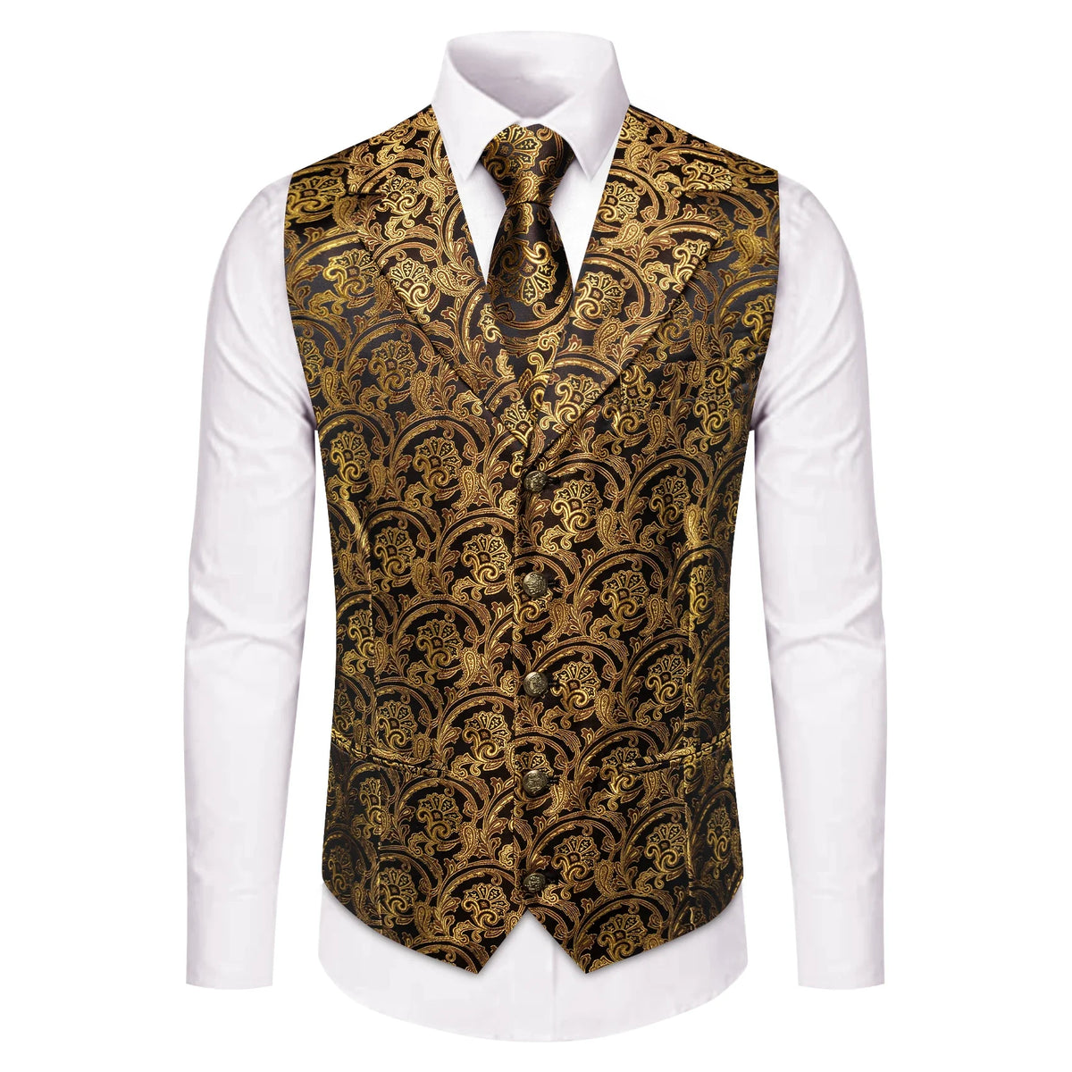 Men's Paisley Waistcoat Vest with Tie Hanky Cufflinks Set for Wedding and Banquet