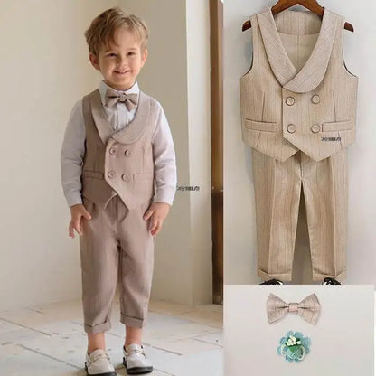 Boys Formal Khaki Tuxedo Dress School Performance Clothing Set Kids Wedding Photography Suit Children Birthday Gift Set Costume