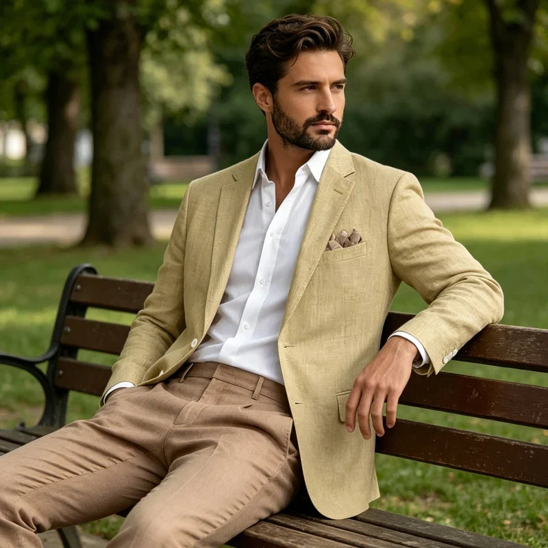 Men's Linen Blazer Notch Lapel 2 Buttons Slim Fit Casual Sport Jacket Lightweight Breathable Summer Business Wedding Daily Wear