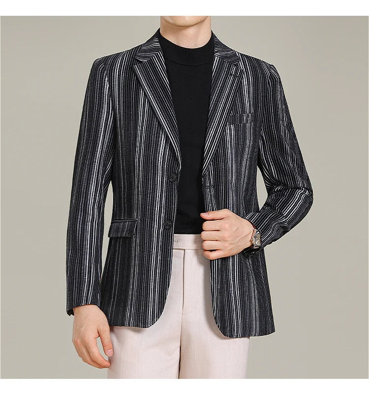 2025 Autumn Winter Velvet Striped Fashion Casual Suit Jacket Slim Fit Versatile Business Blazers Social Wedding Groom Dress Coat