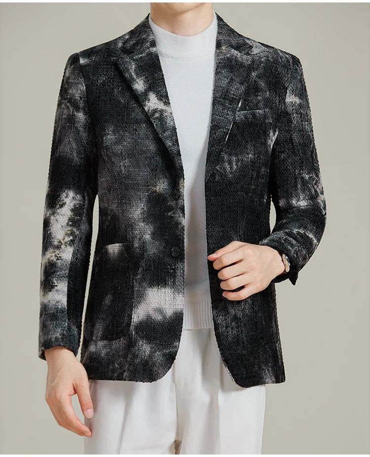 Autumn Korean Slim Fit Suit Jacket for Men Tie Dye Chenille Fashion Casual Suit Jacket Warm Business Social Formal Men Blazers