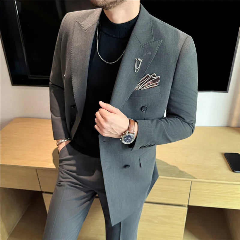 Brand Two-piece Suit for Men British Style Double Breasted Casual Business Suit Blazer Trousers Office Party Prom Wedding Suits