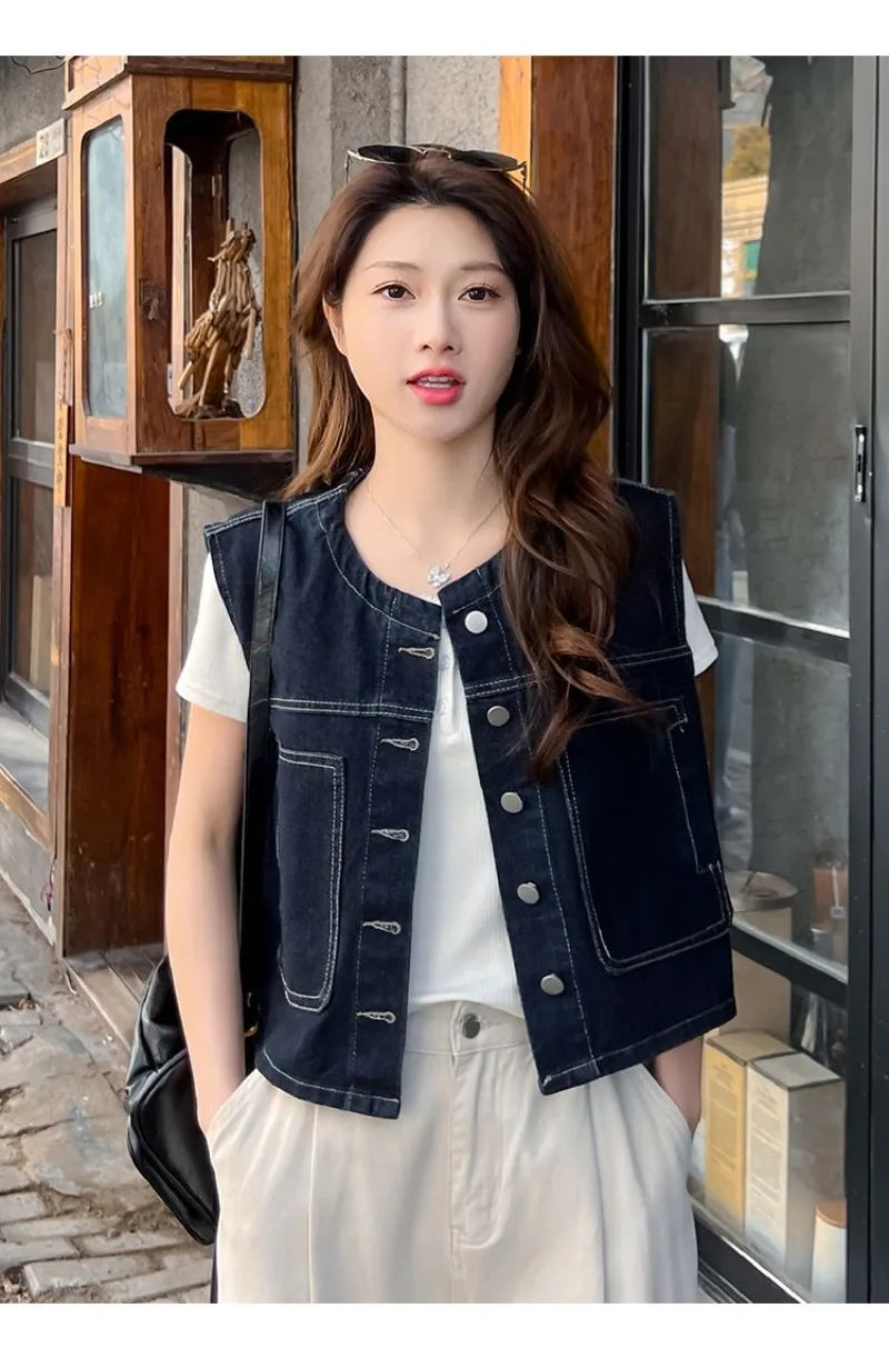 Retro Loose Thin Denim Vest Coat Women's Spring Summer Versatile Casual Sleeveless Jeans Jacket Korean Short Denim Waistcoat
