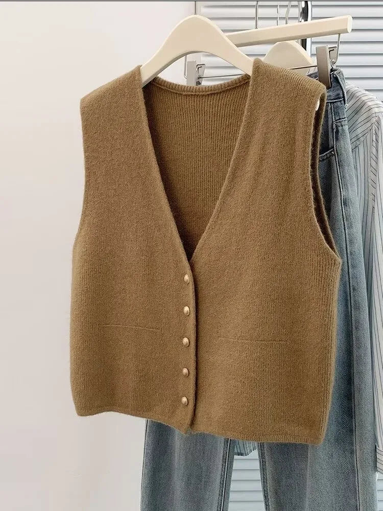 Women's Soft Knitted Vest  Women Casual Button Deep V-Neck Sleeveless Autumn  Pullover Simple Tank Tops Loose Knitwear  Tops